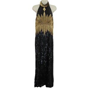 Vintage Nikhil Womens Large Silk Black Gold Sequin Beaded High Neck Dress NEW